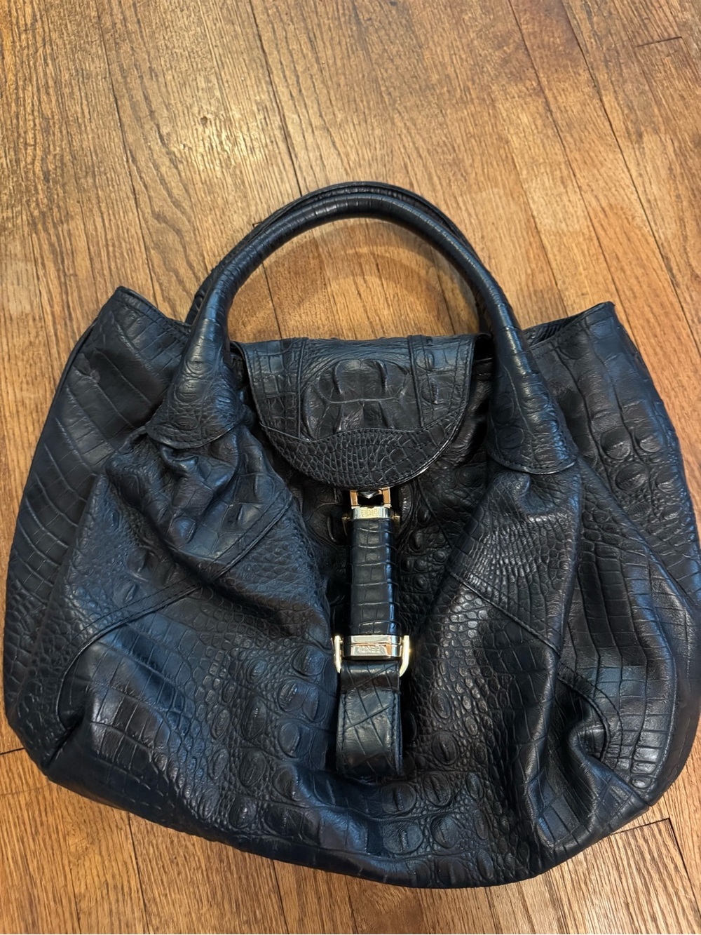 Fendi Black Croc-Texture Top-Handle Purse with Gold Hardware